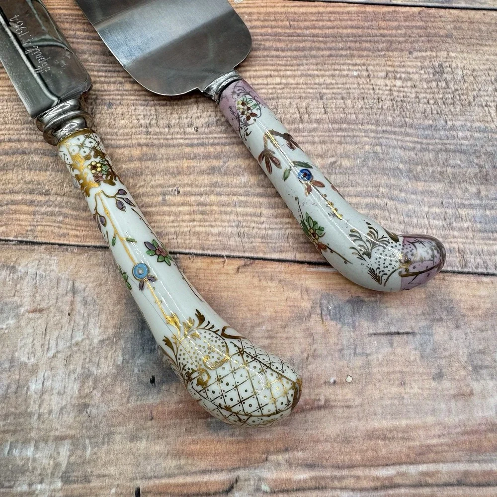 Sheffield Cake Server Knife Set Floral Motif Porcelain Gold Vintage READ MCM